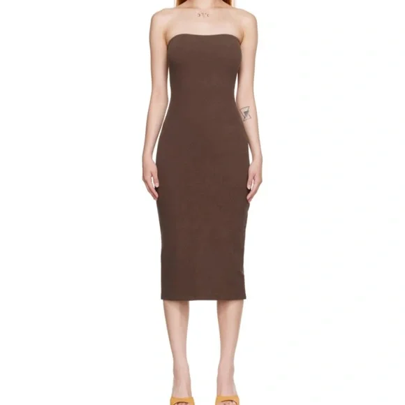 strapless chocolate brown dress Moon Aura Pleat Detail Strapless Maxi Dress Chocolate main image 0